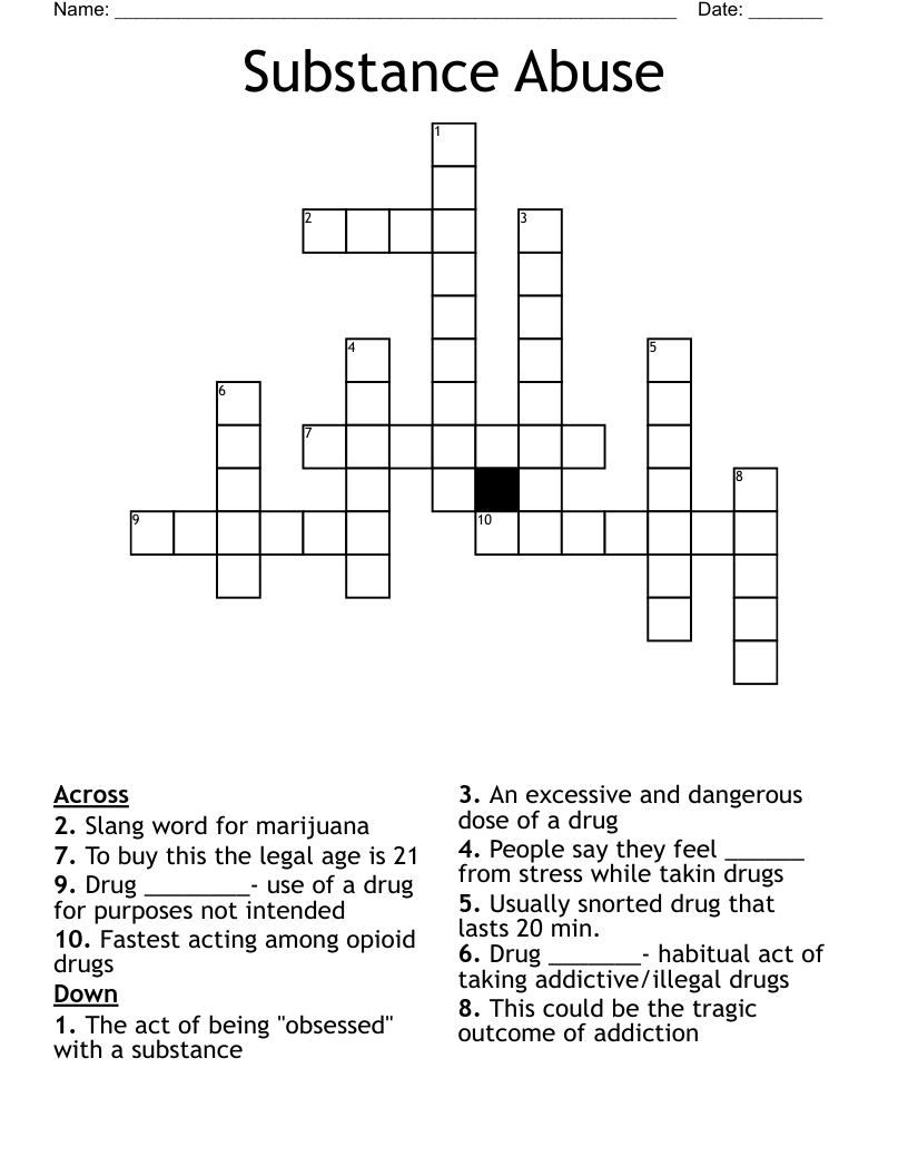 Substance Abuse Crossword WordMint
