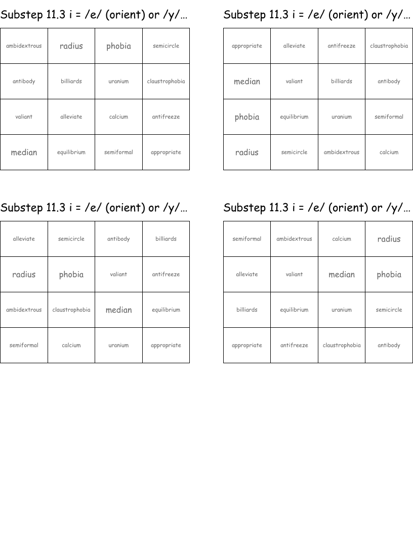 Substep 11.3 i = /e/ (orient) or /y/ (million) Bingo Cards