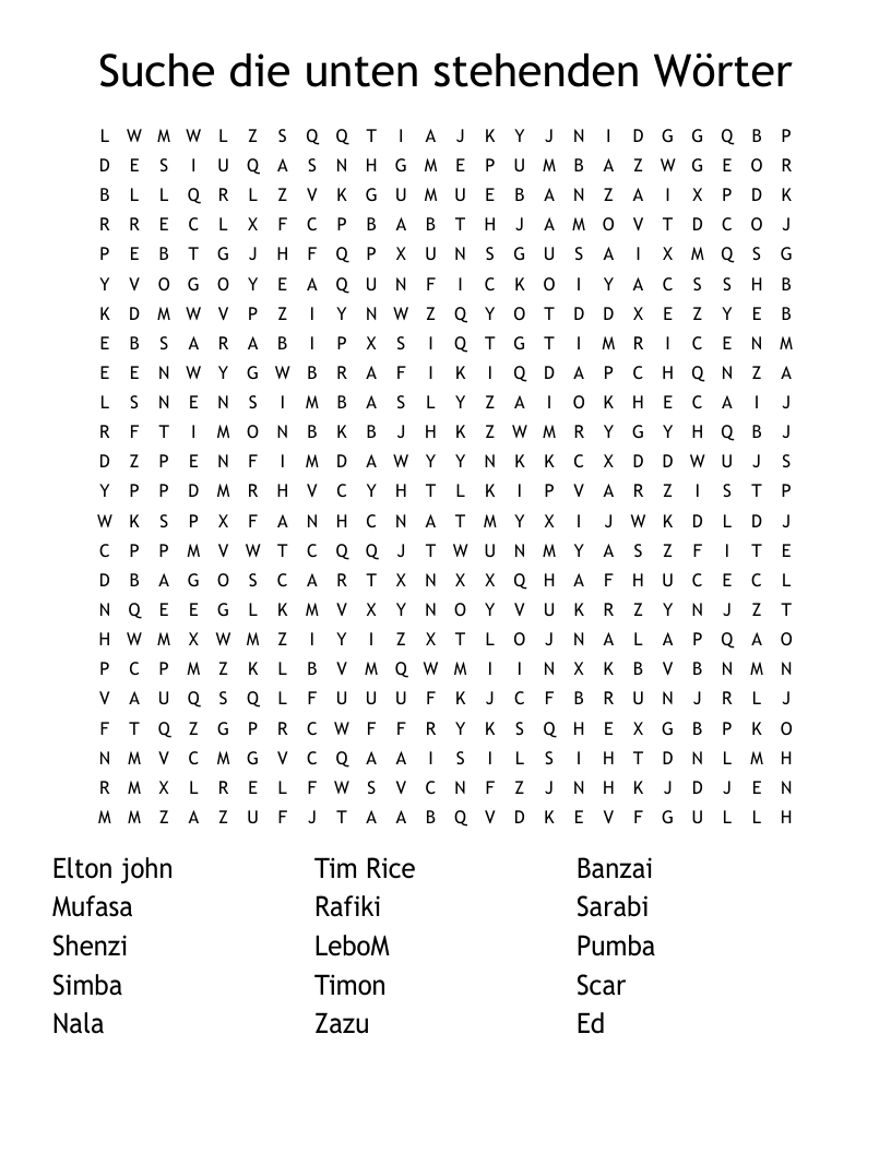 Suche die unten stehenden Wörter  Word Search