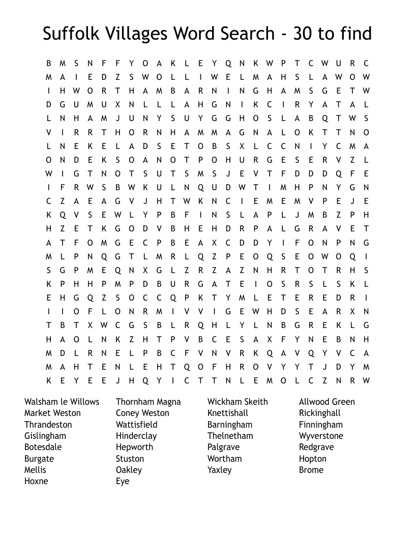 Suffolk Villages Word Search - 30 to find