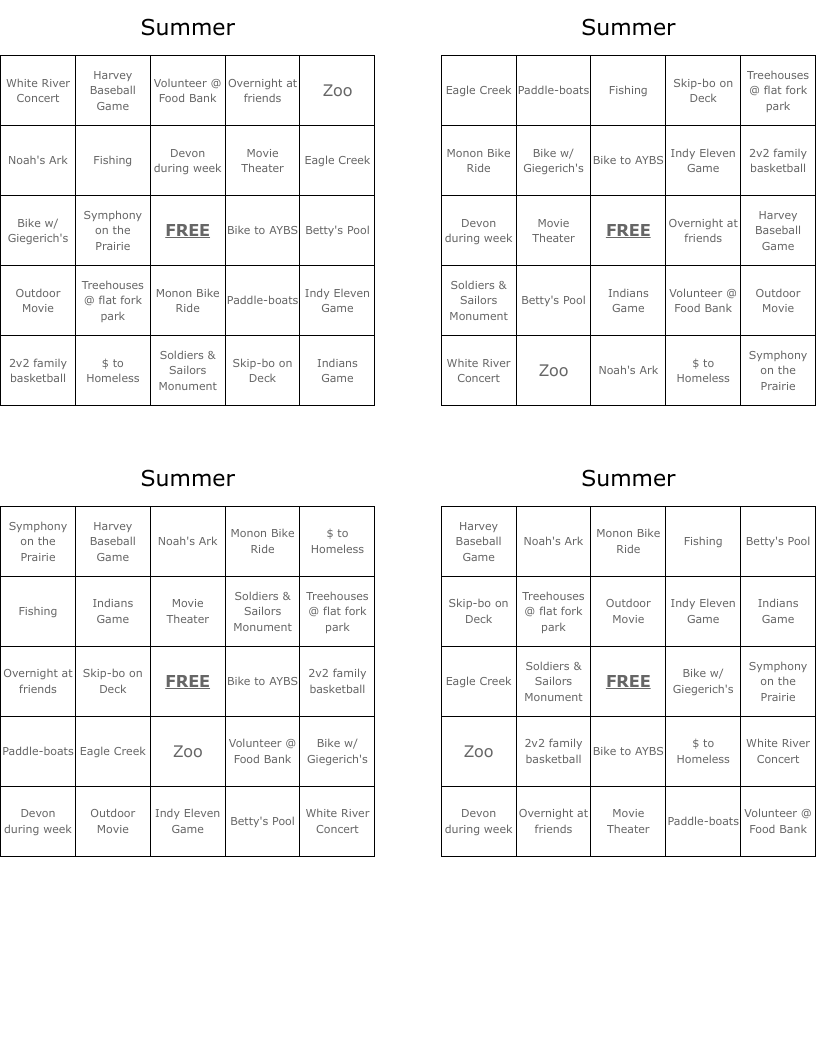 Summer Bingo Cards