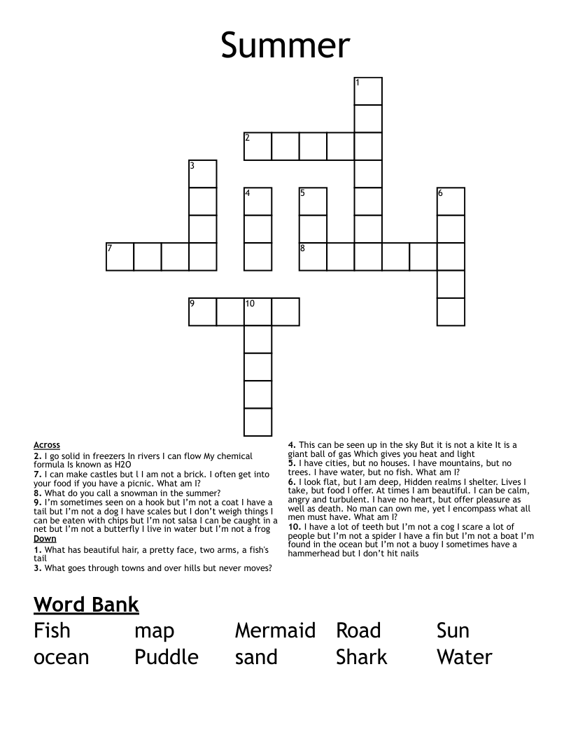 Summer Crossword WordMint Summer Crossword WordMint