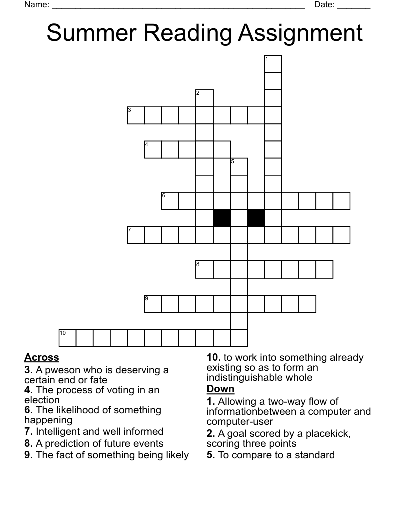 Summer Reading Assignment  Crossword