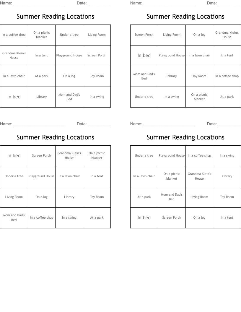 Summer Reading Locations Bingo Cards