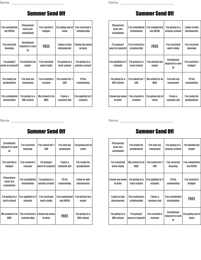 Summer Send Off Bingo Cards
