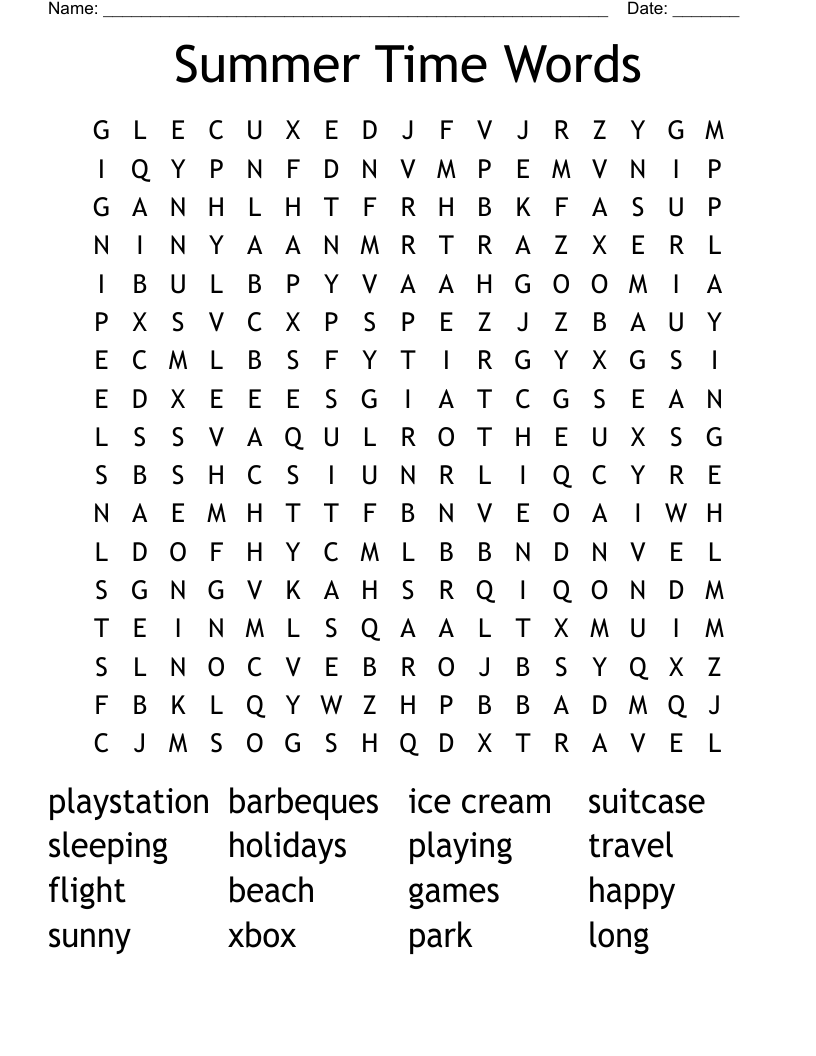 Summer Time Words Word Search