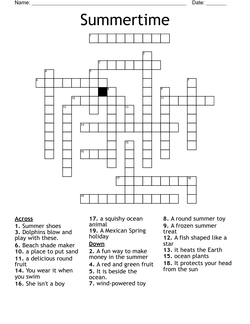 Summer Crossword Puzzle Free Printable