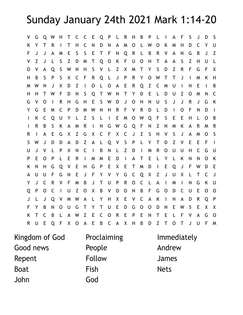 Sunday January 24th 2021 Mark 1:14-20  Word Search