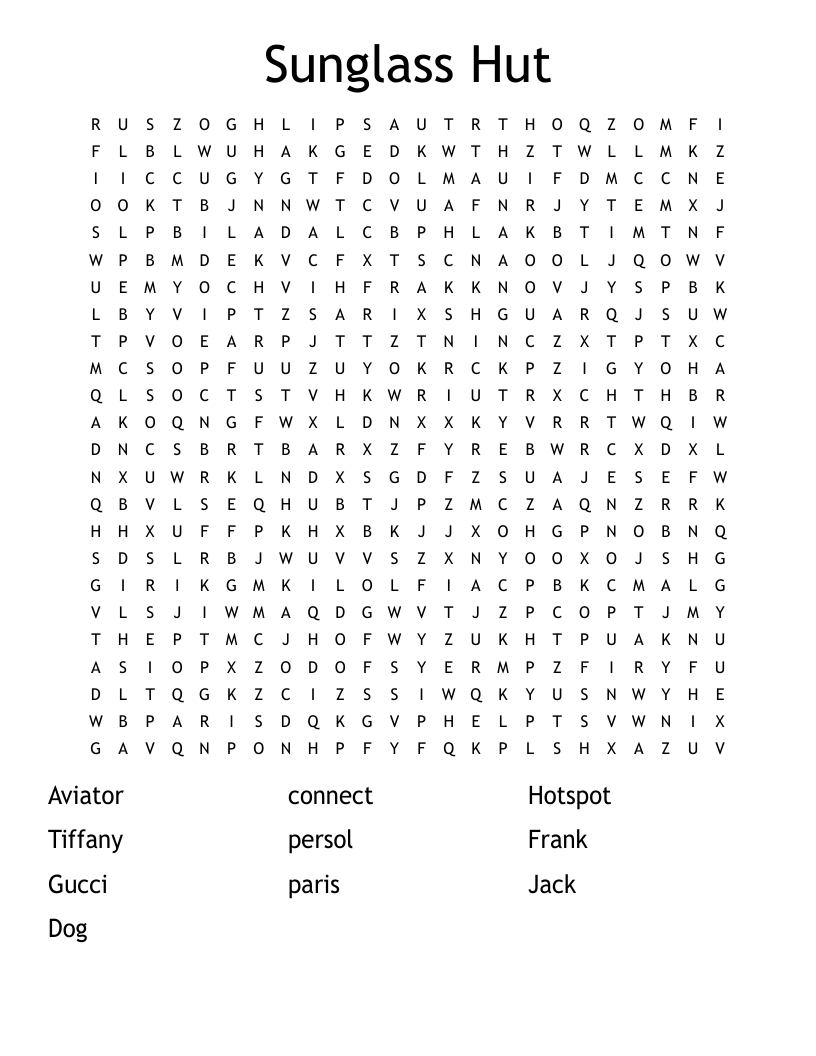 Sunglass Hut Word Search
