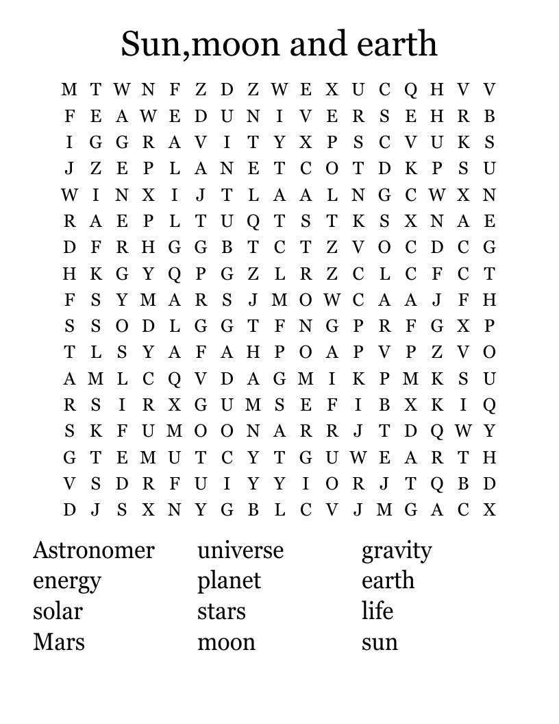 Sun,moon and earth  Word Search