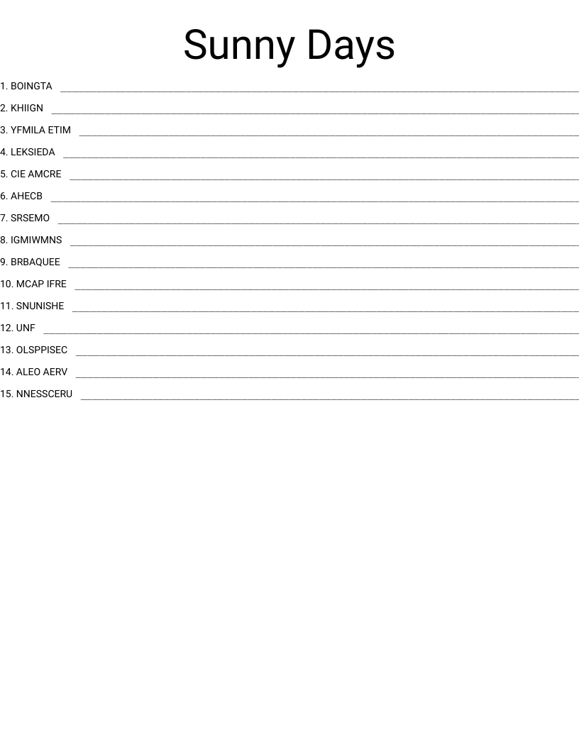 Sunny Days Word Scramble - WordMint