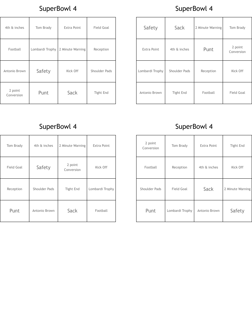 SuperBowl 4 Bingo Cards