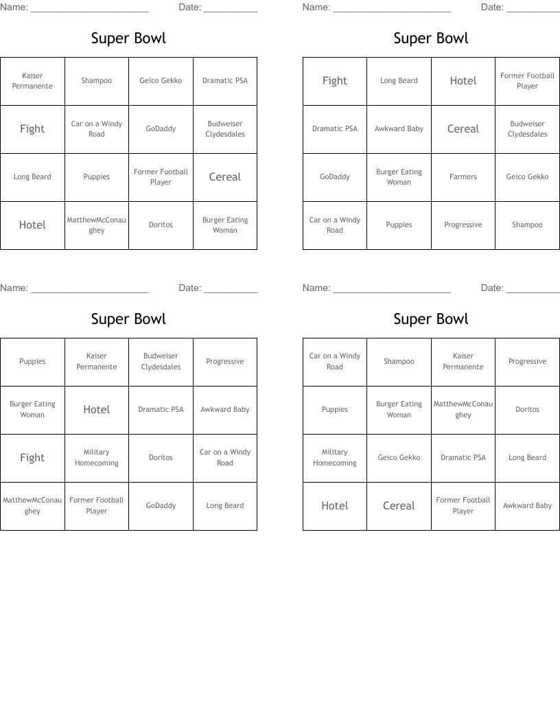 Super Bowl Bingo Cards