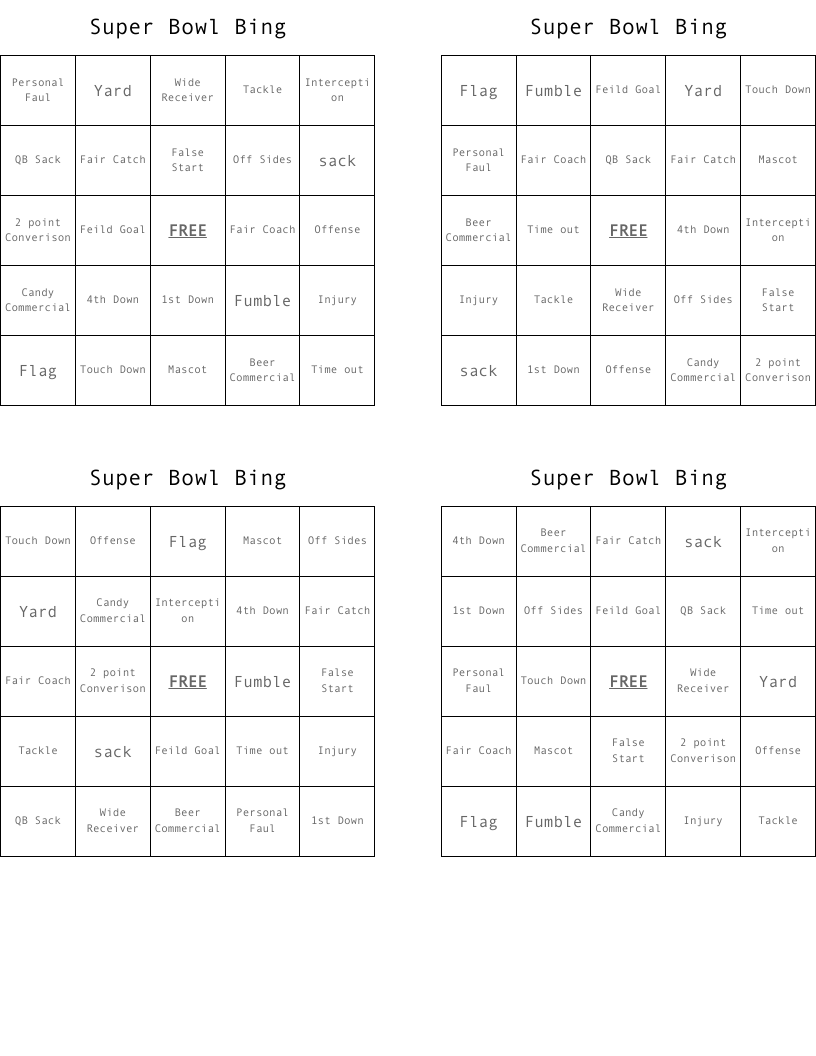 Super Bowl Bing Bingo Cards WordMint