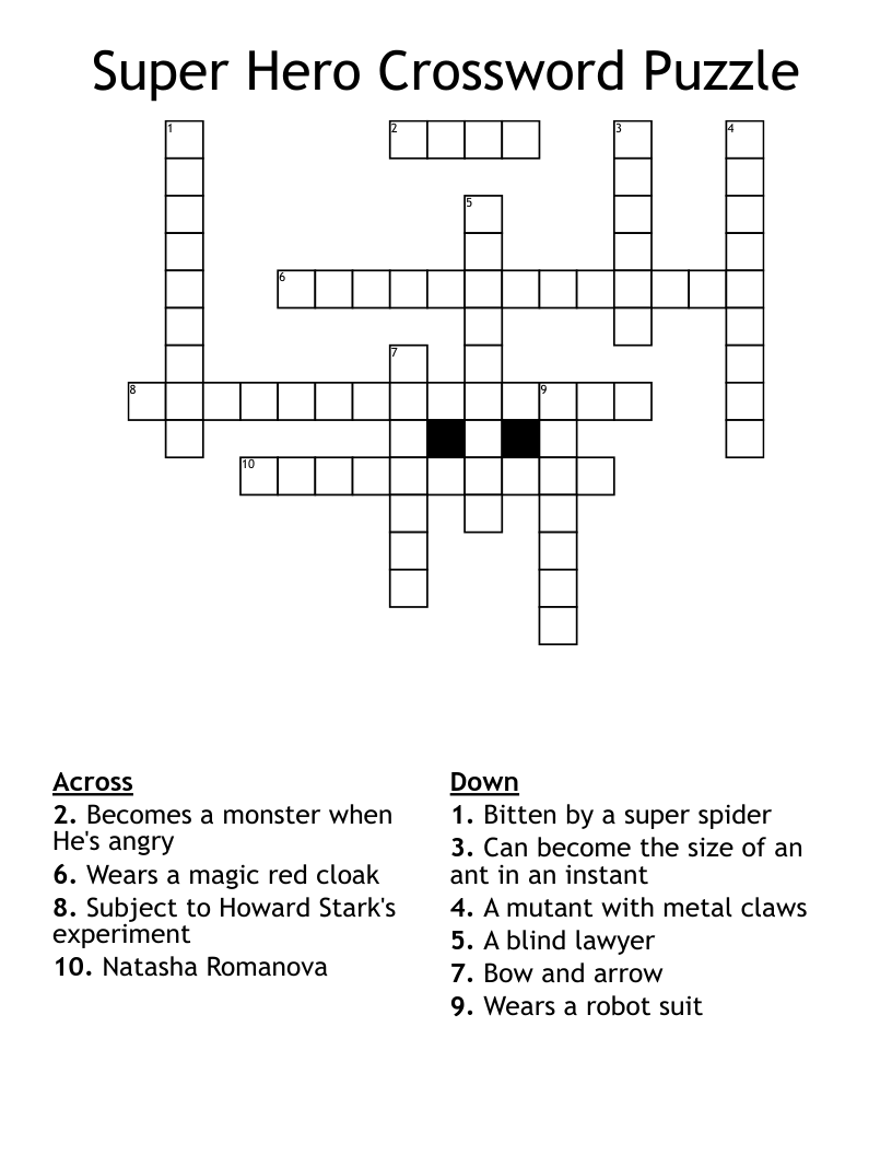 Super Hero Crossword Puzzle - WordMint