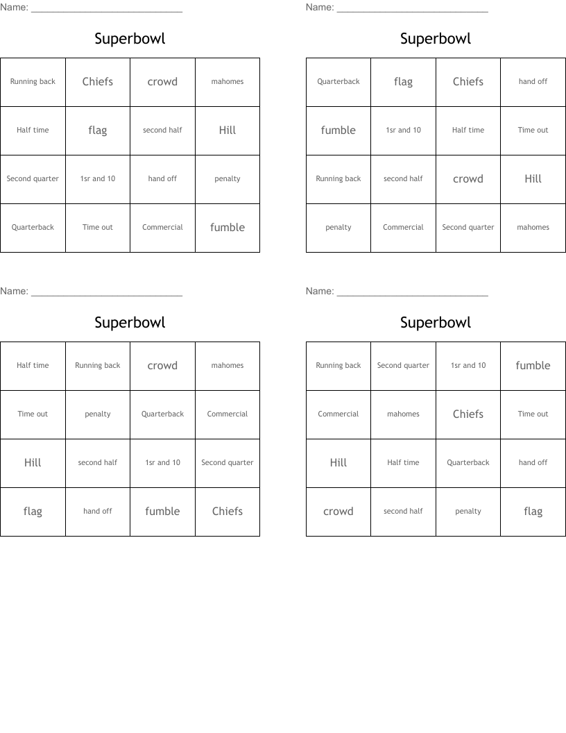 Superbowl Bingo Cards
