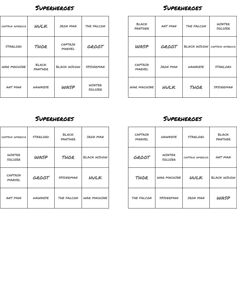 Superheroes Bingo Cards