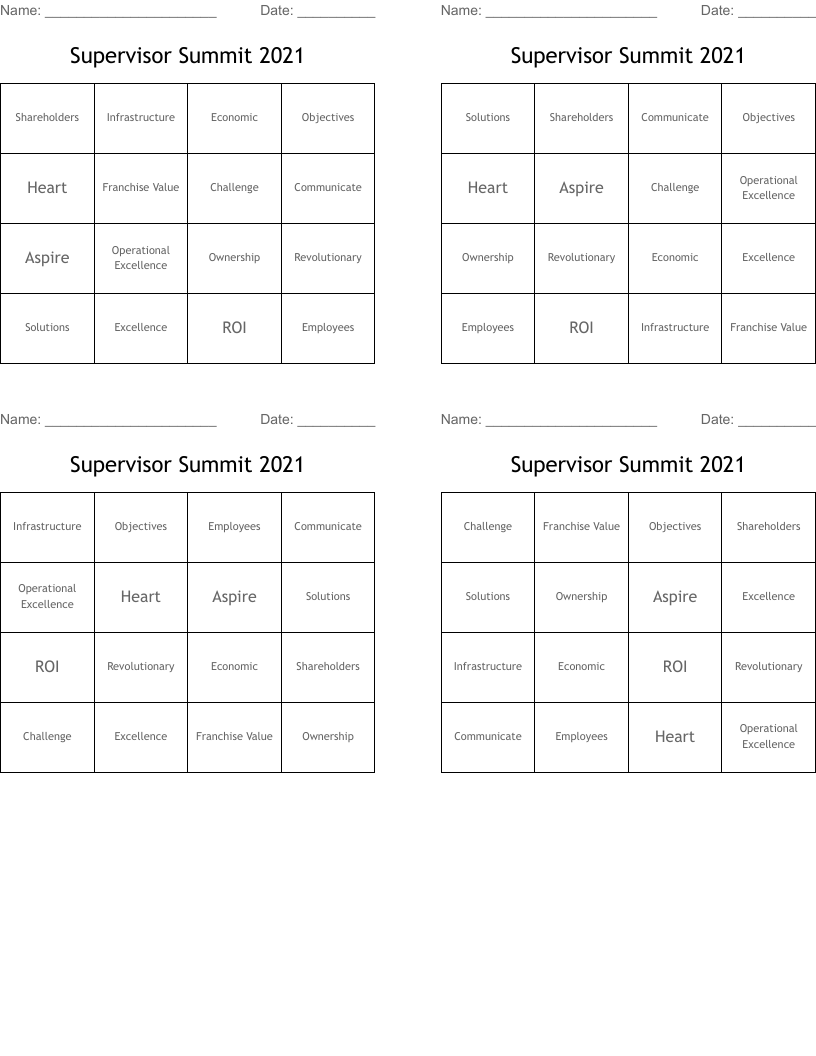 Supervisor Summit 2021 Bingo Cards