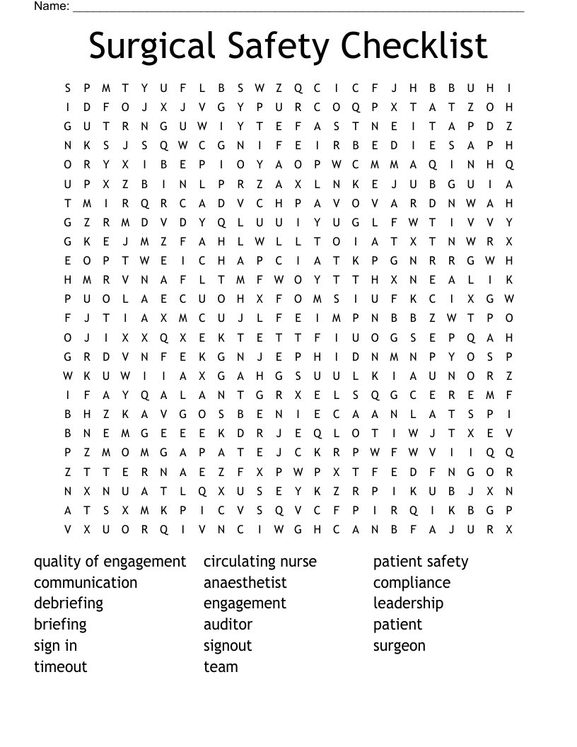 Surgical Safety Checklist Word Search