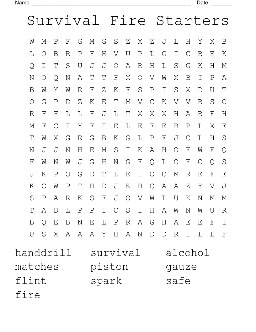 Survival Fire Starters Word Search WordMint