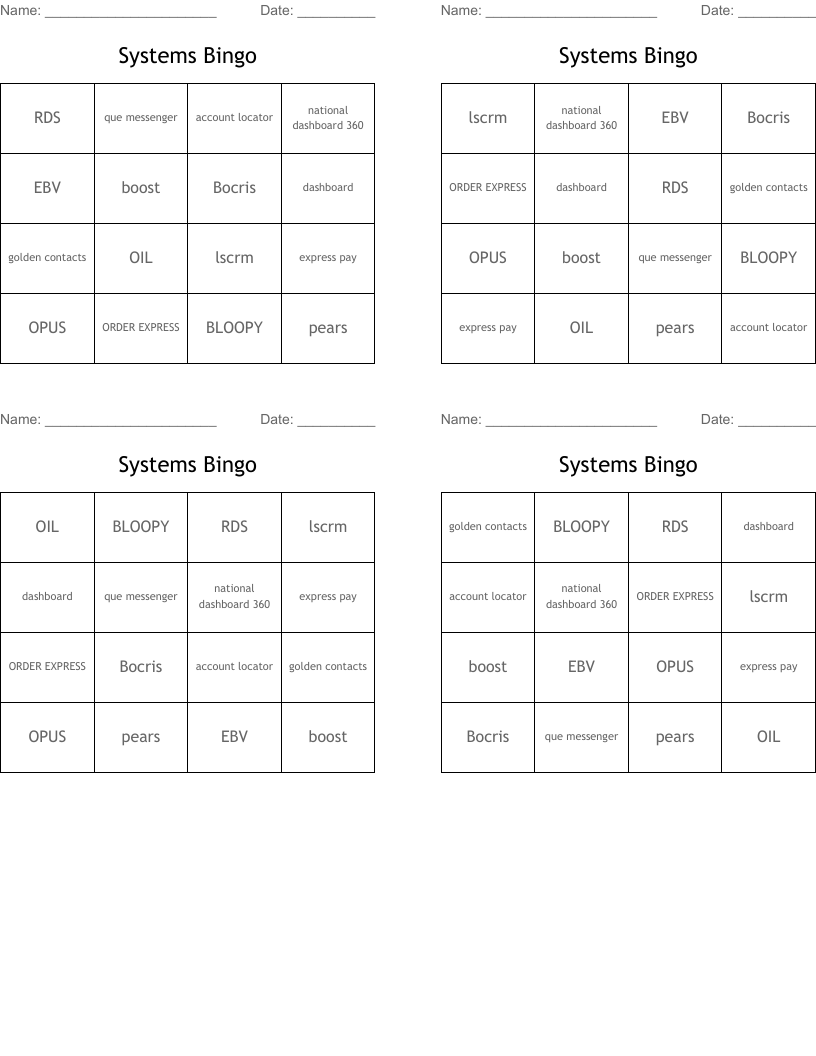 Systems Bingo
