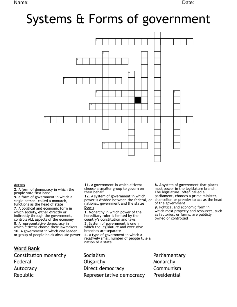 Systems & Forms of government  Crossword