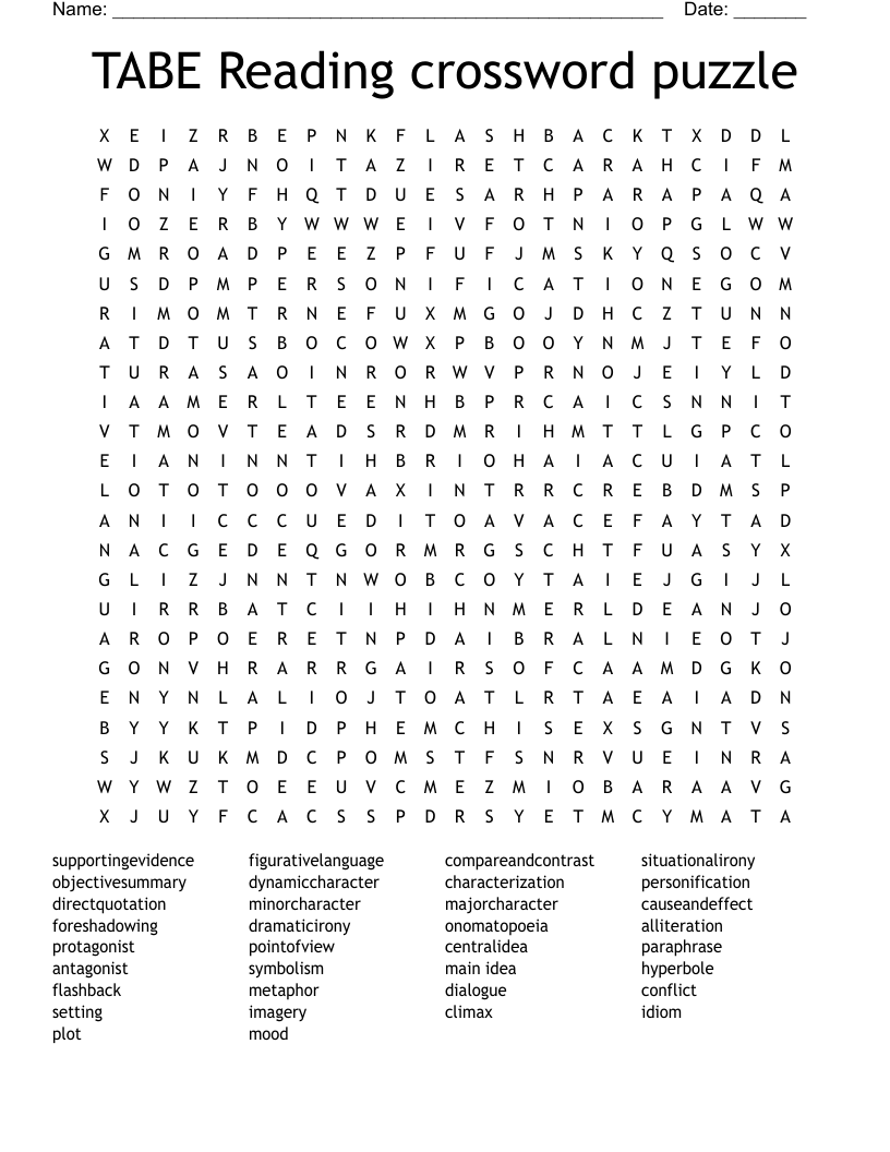 TABE Reading Crossword Puzzle Word Search WordMint