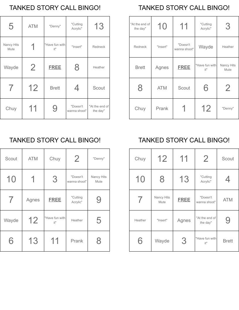 TANKED STORY CALL BINGO!