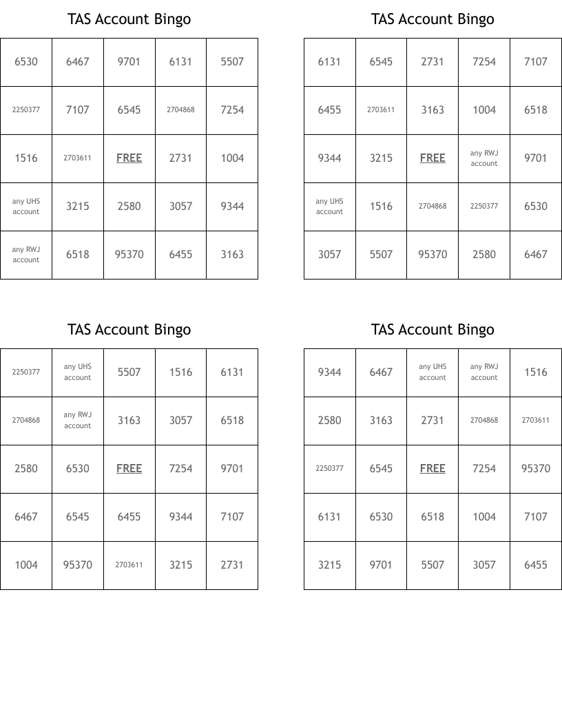 TAS Account Bingo 