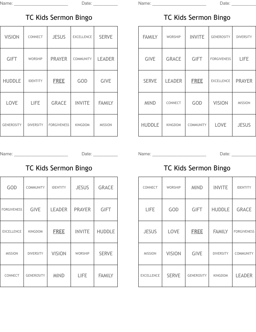 TC Kids Sermon Bingo