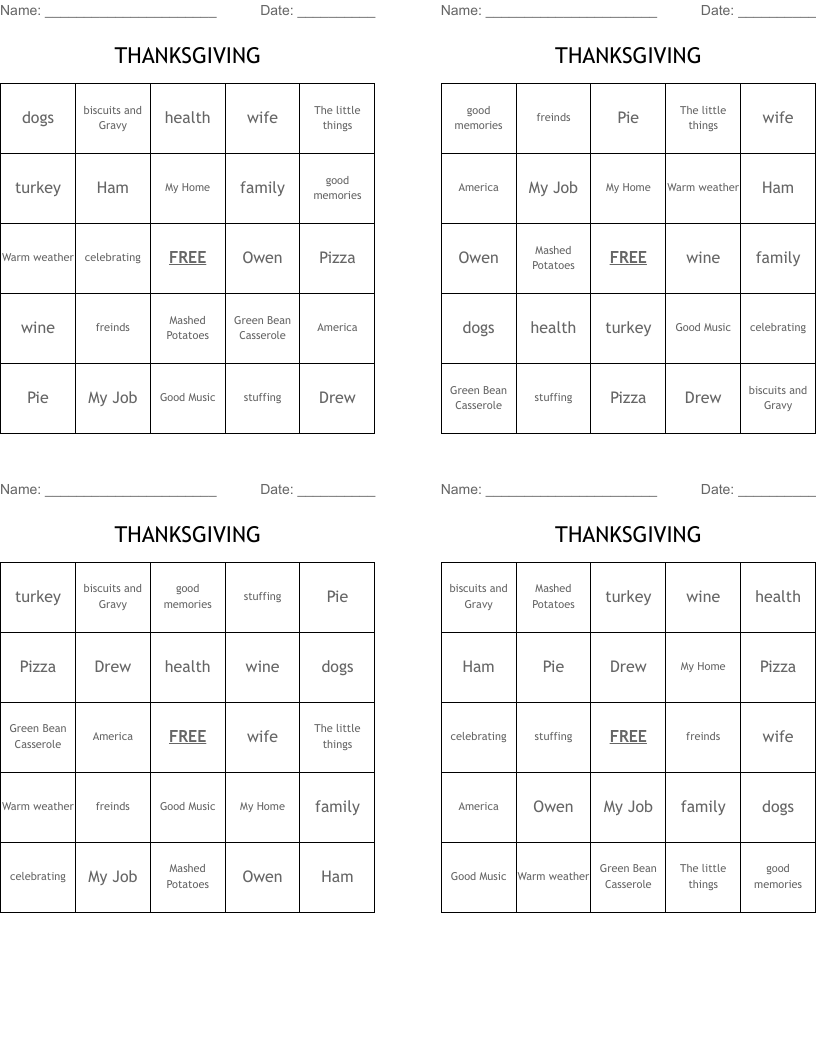 THANKSGIVING Bingo Cards - WordMint