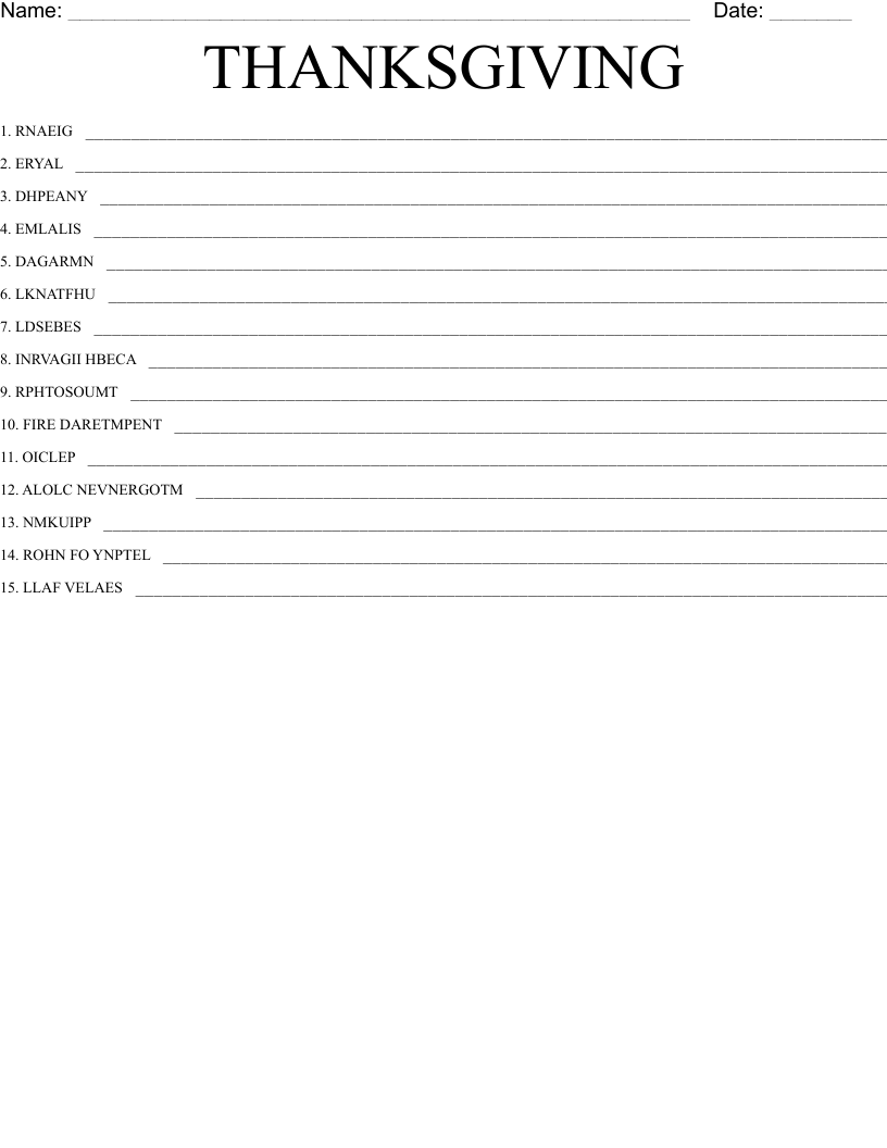 THANKSGIVING Word Scramble