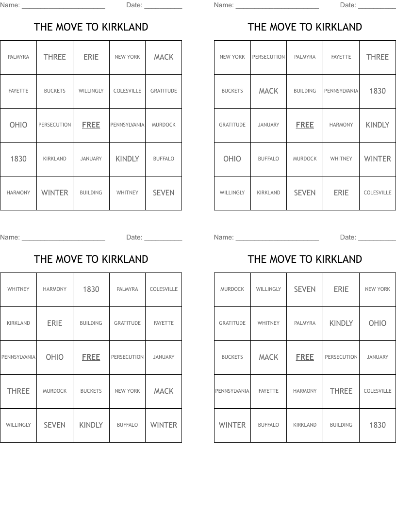 THE MOVE TO KIRKLAND Bingo Cards