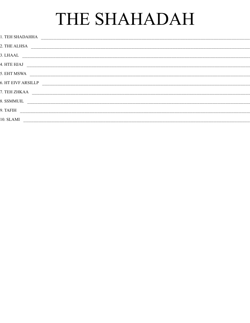 THE SHAHADAH Word Scramble