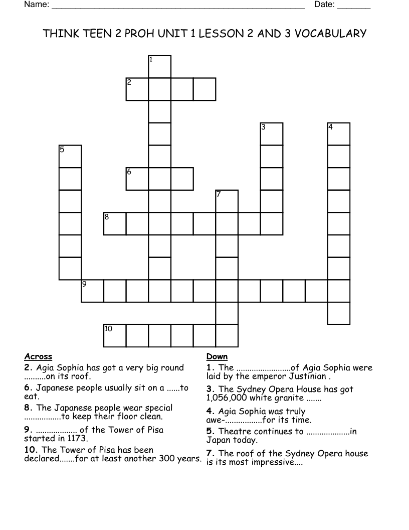 THINK TEEN 2 PROH UNIT 1 LESSON 2 AND 3 VOCABULARY Crossword