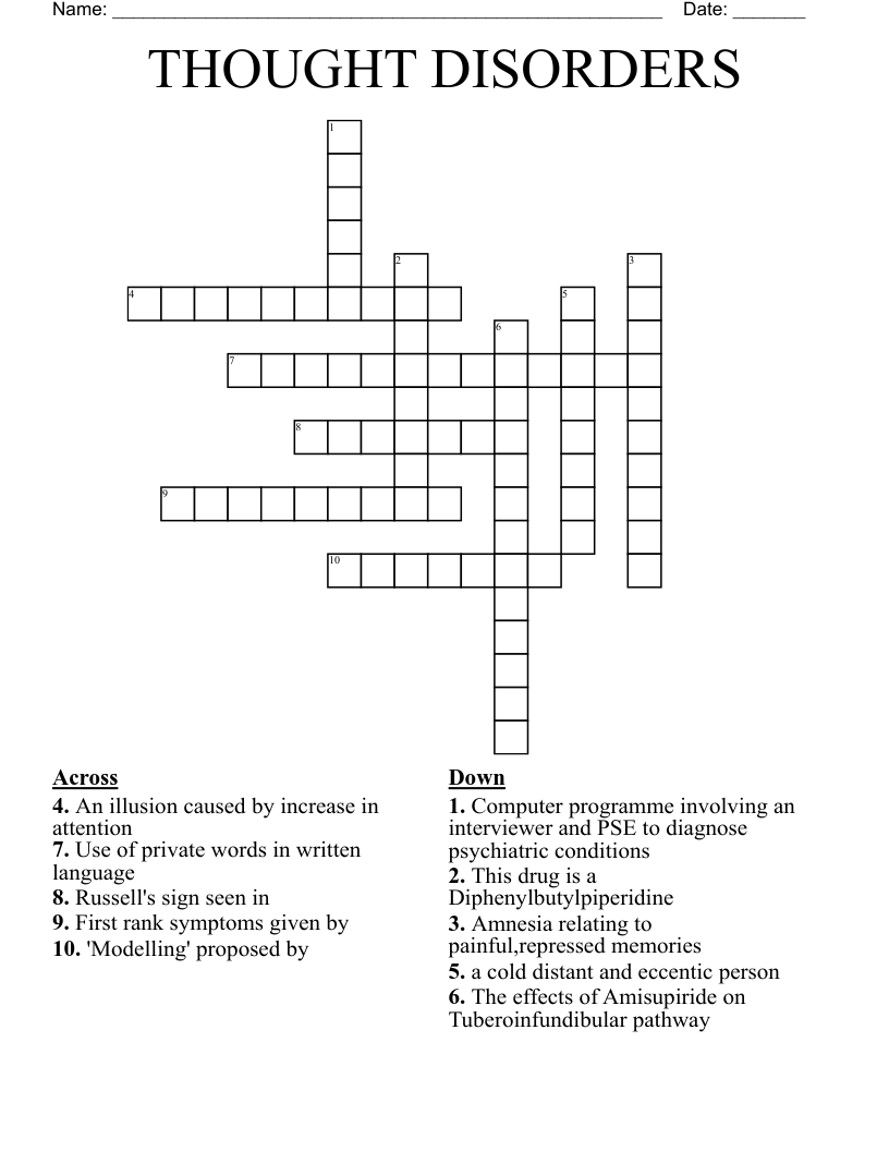 THOUGHT DISORDERS Crossword