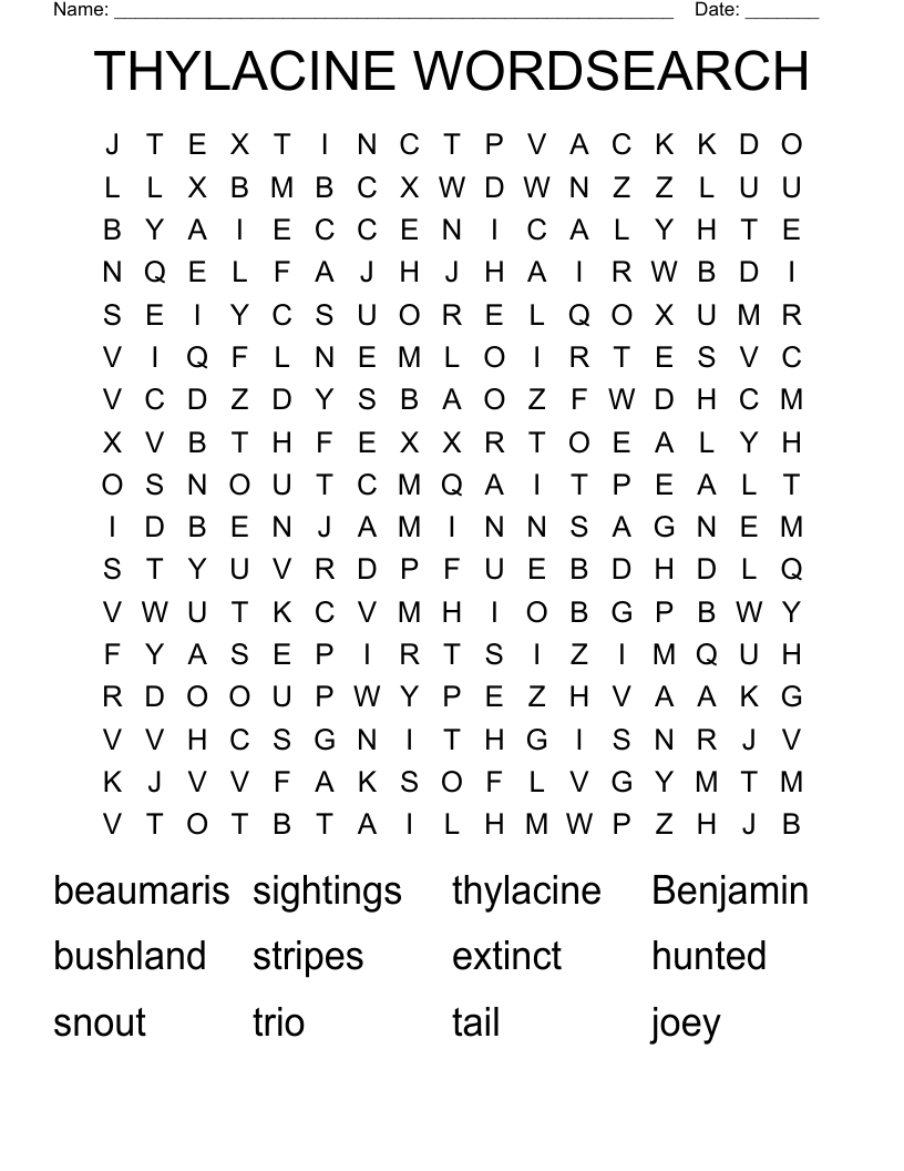 THYLACINE WORDSEARCH