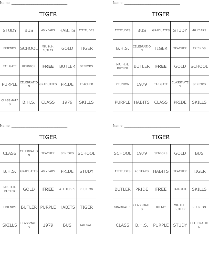 TIGER Bingo Cards