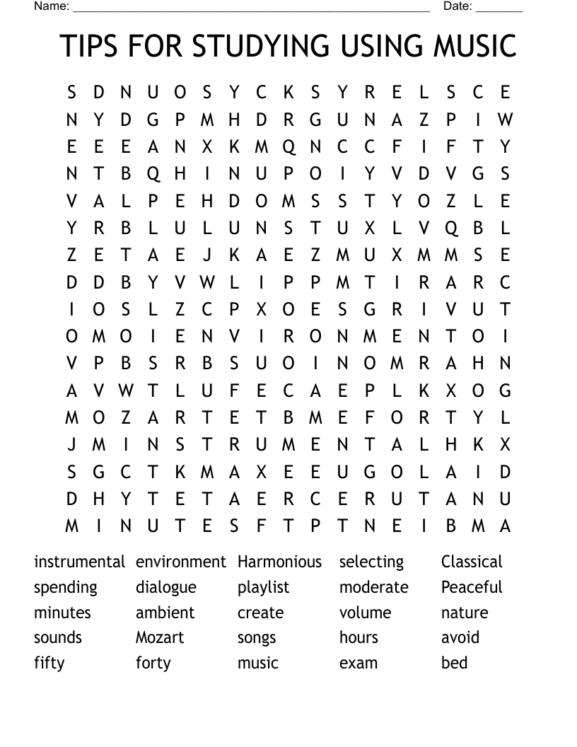 TIPS FOR STUDYING USING MUSIC Word Search