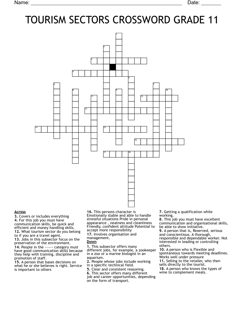 TOURISM SECTORS CROSSWORD GRADE 11