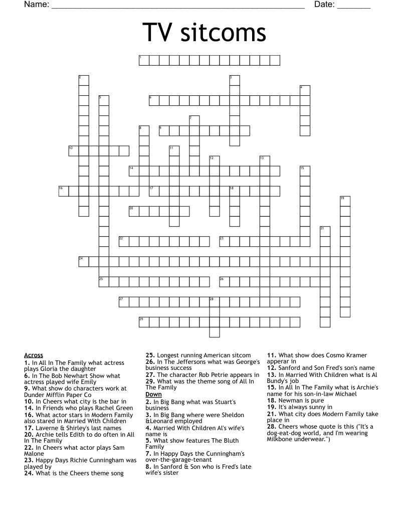 TV Sitcoms Crossword WordMint
