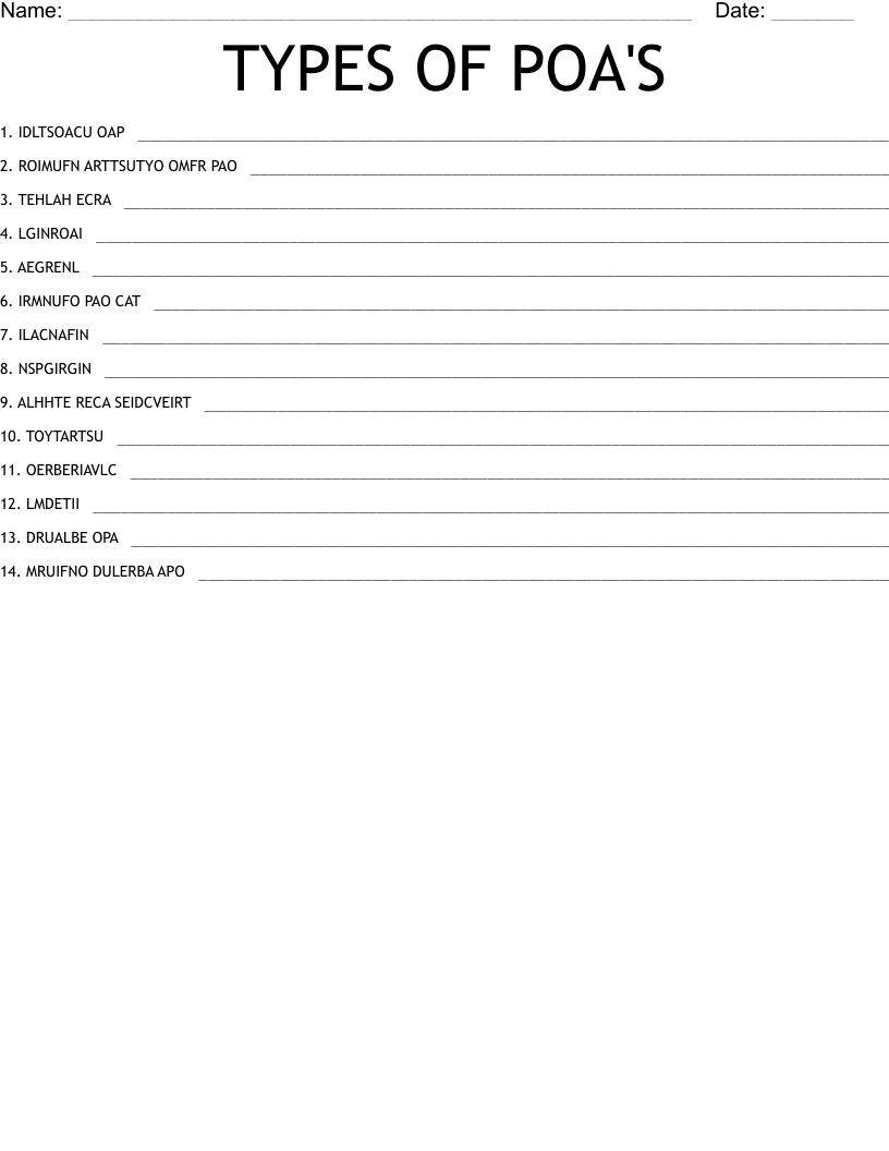TYPES OF POA'S Word Scramble WordMint