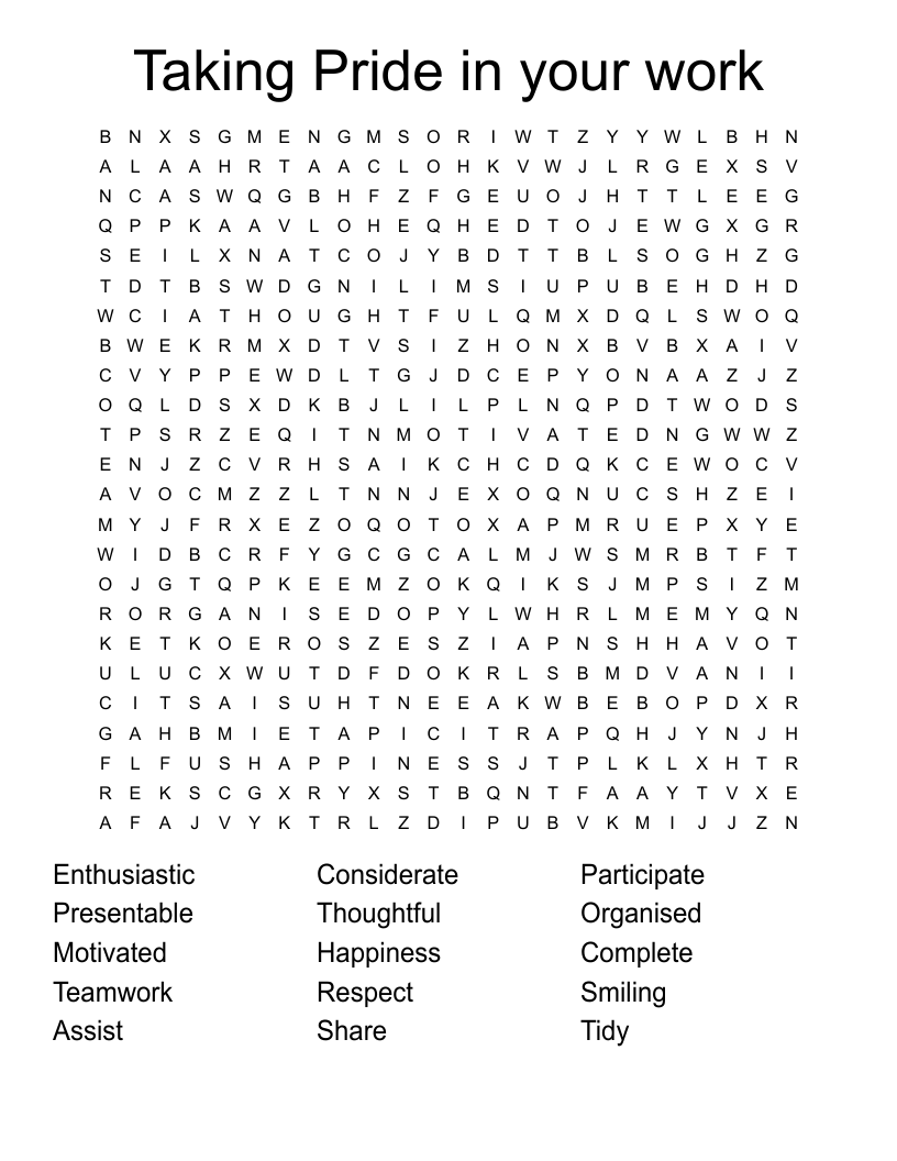 Taking Pride in your work Word Search
