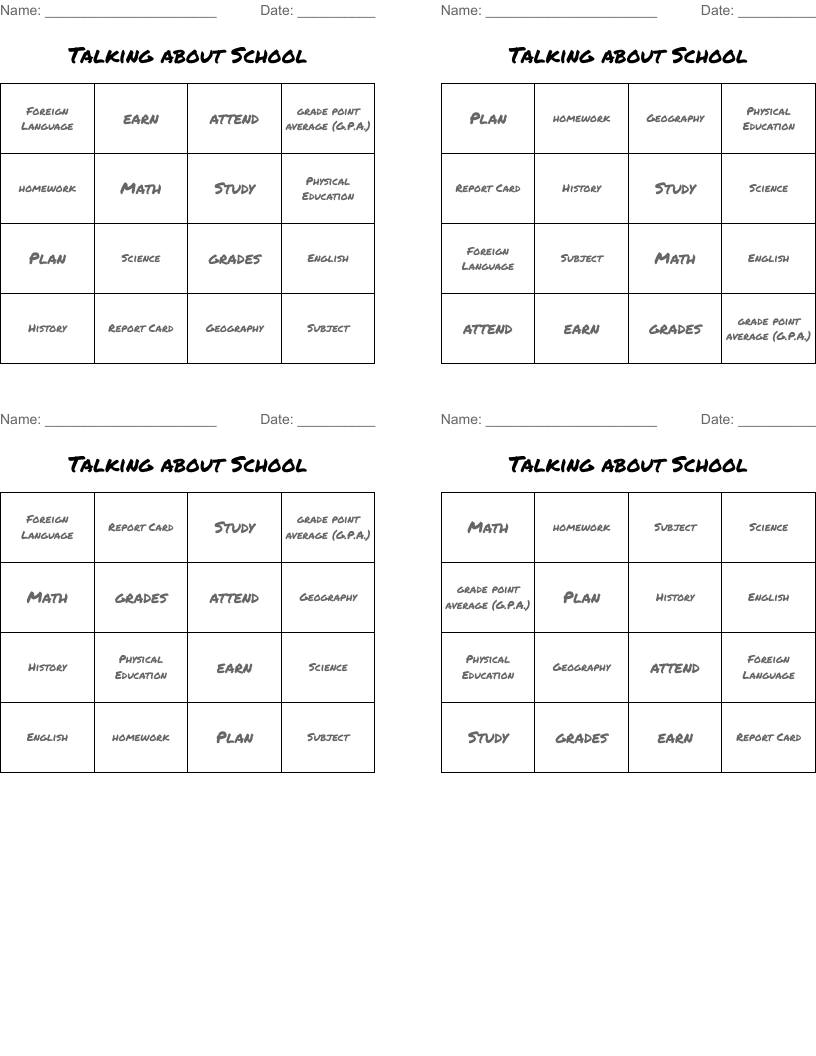 Talking about School Bingo Cards