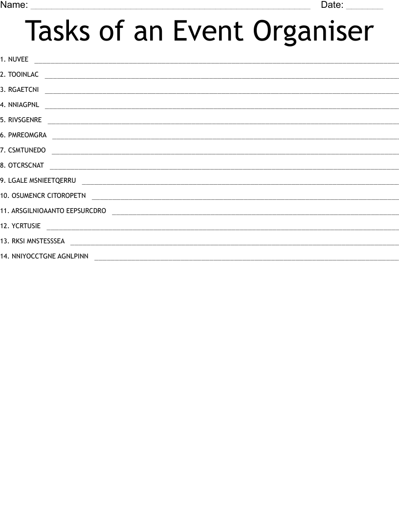 Tasks of an Event Organiser Word Scramble