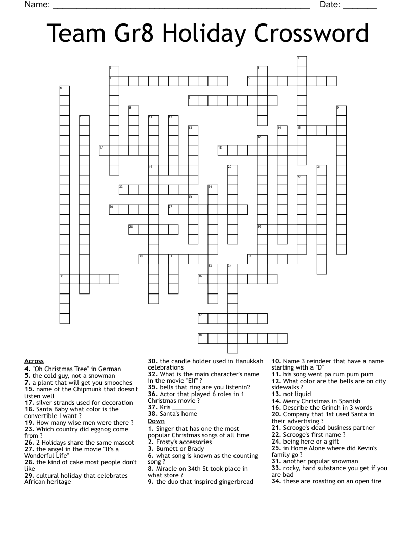 Team Gr8 Holiday Crossword 