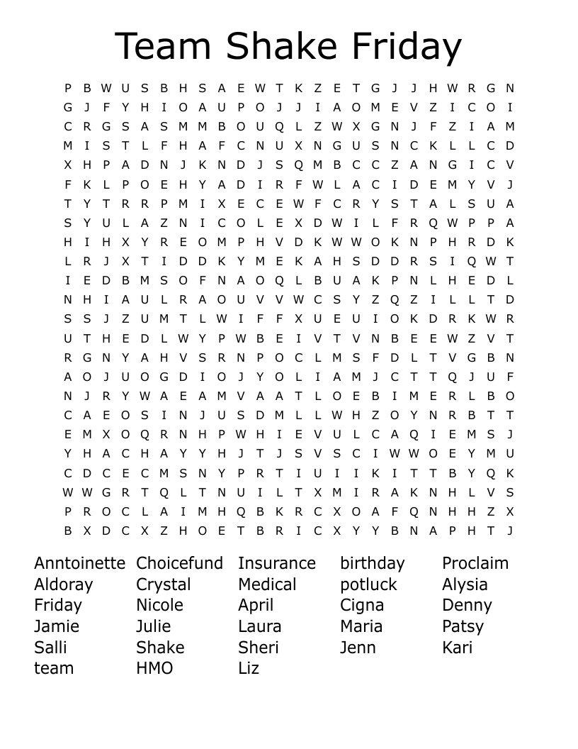 Team Shake Friday Word Search