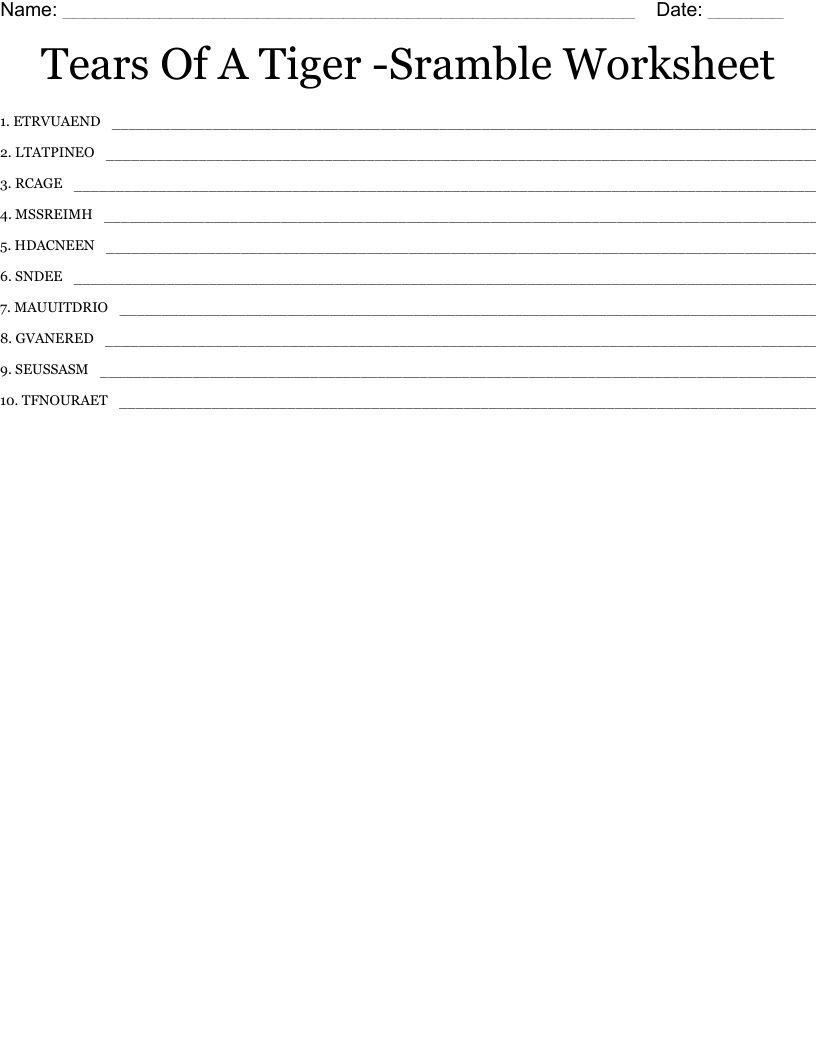 Tears Of A Tiger -Sramble Worksheet Word Scramble
