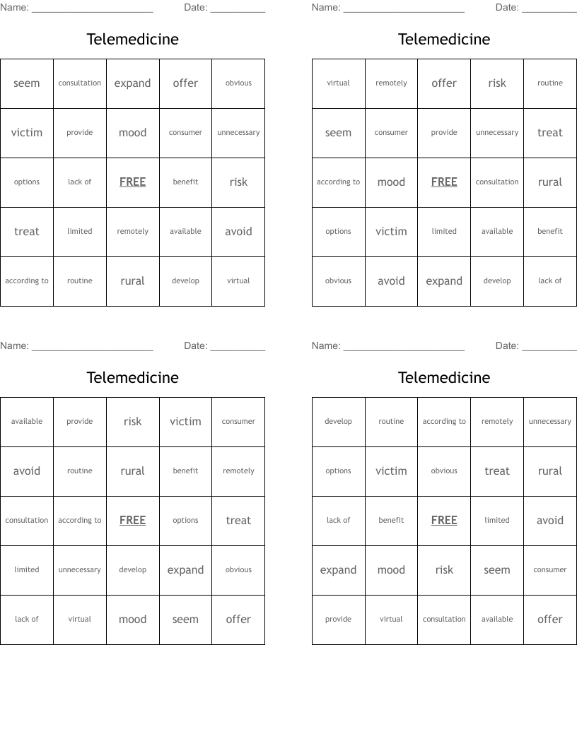 Telemedicine Bingo Cards