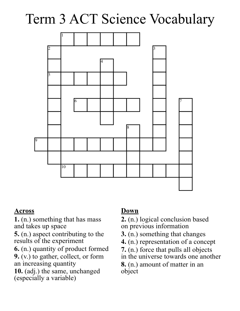 Term 3 ACT Science Vocabulary Crossword